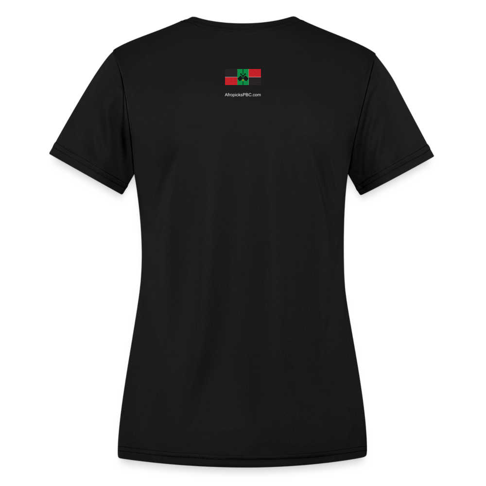 Afropicks Pickleball Character on Women's Moisture Wicking Performance Black T-Shirt - black
