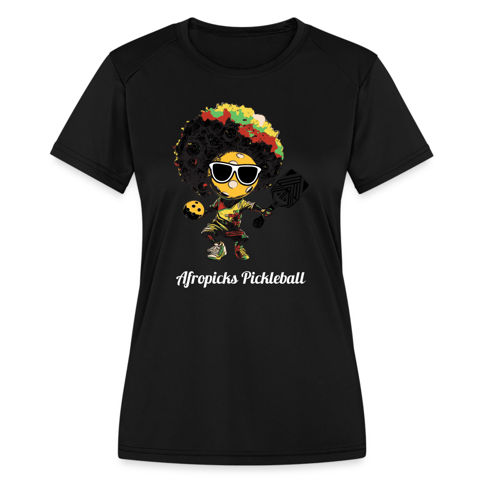 Afropicks Pickleball Character on Women's Moisture Wicking Performance Black T-Shirt - black