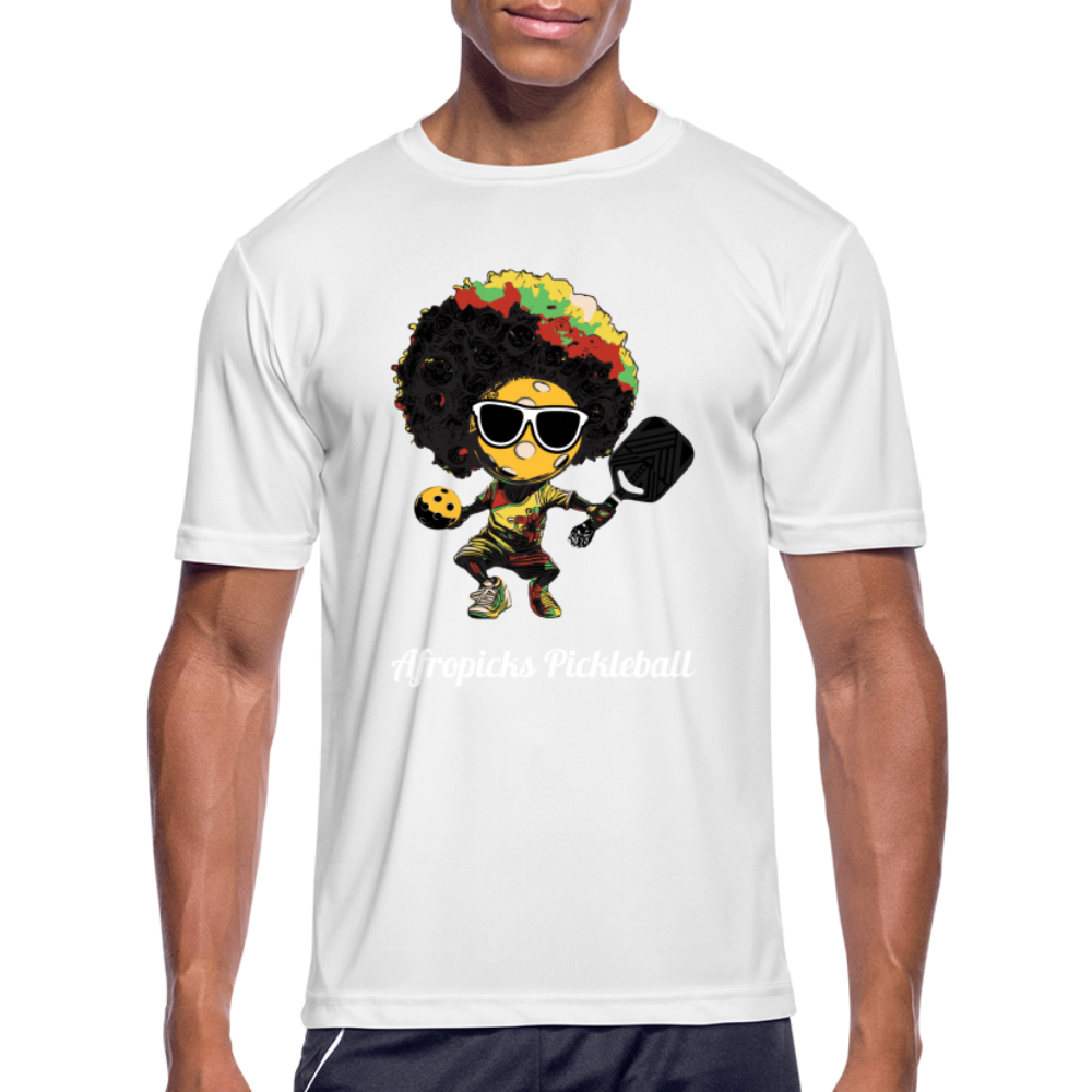 Afropicks Pickleball Character on Men’s Moisture Wicking Performance Black T-Shirt - white