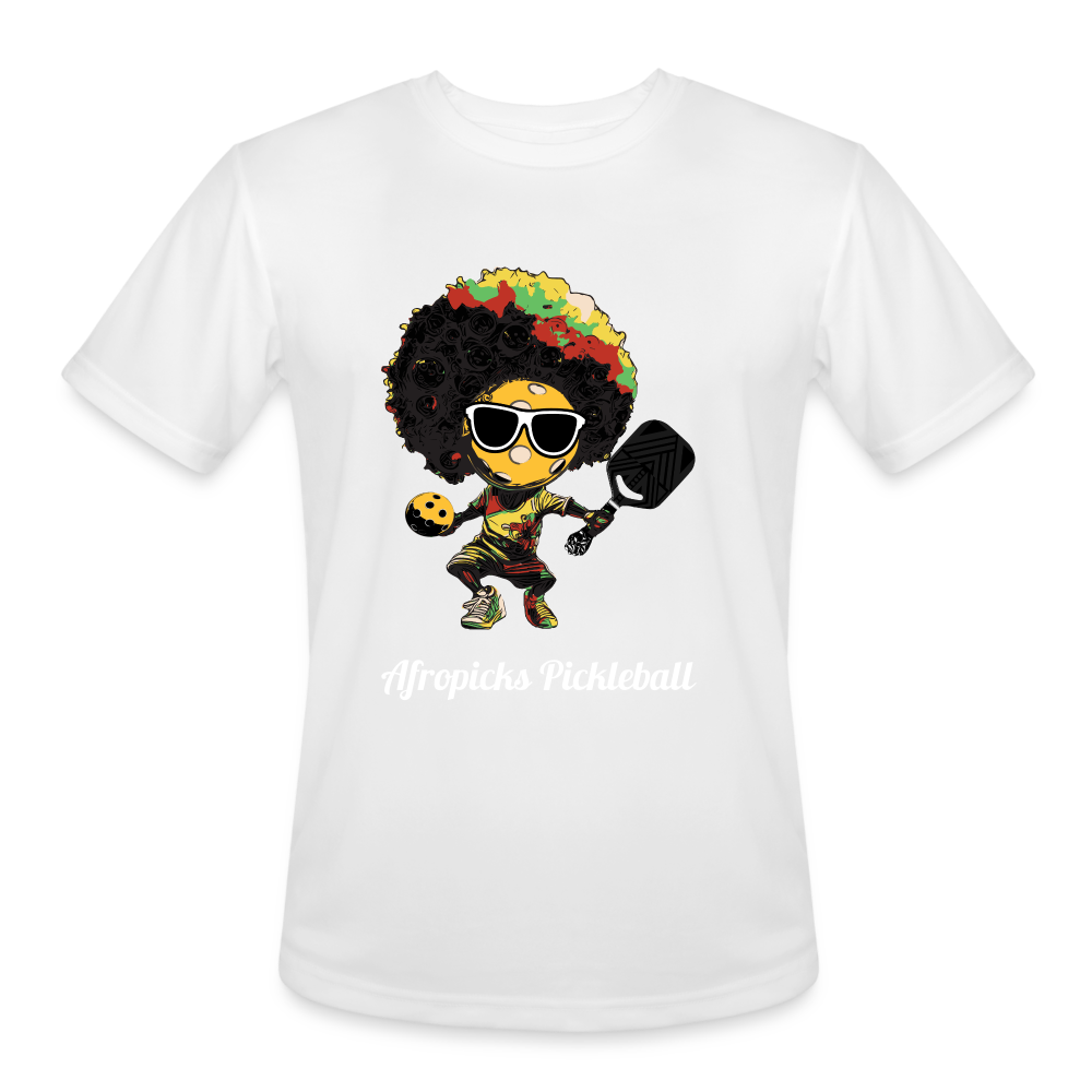 Afropicks Pickleball Character on Men’s Moisture Wicking Performance Black T-Shirt - white