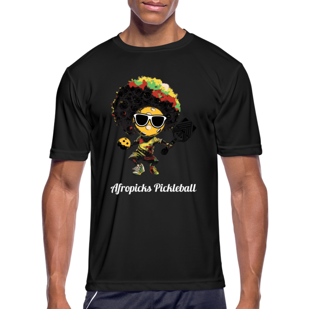 Afropicks Pickleball Character on Men’s Moisture Wicking Performance Black T-Shirt - black