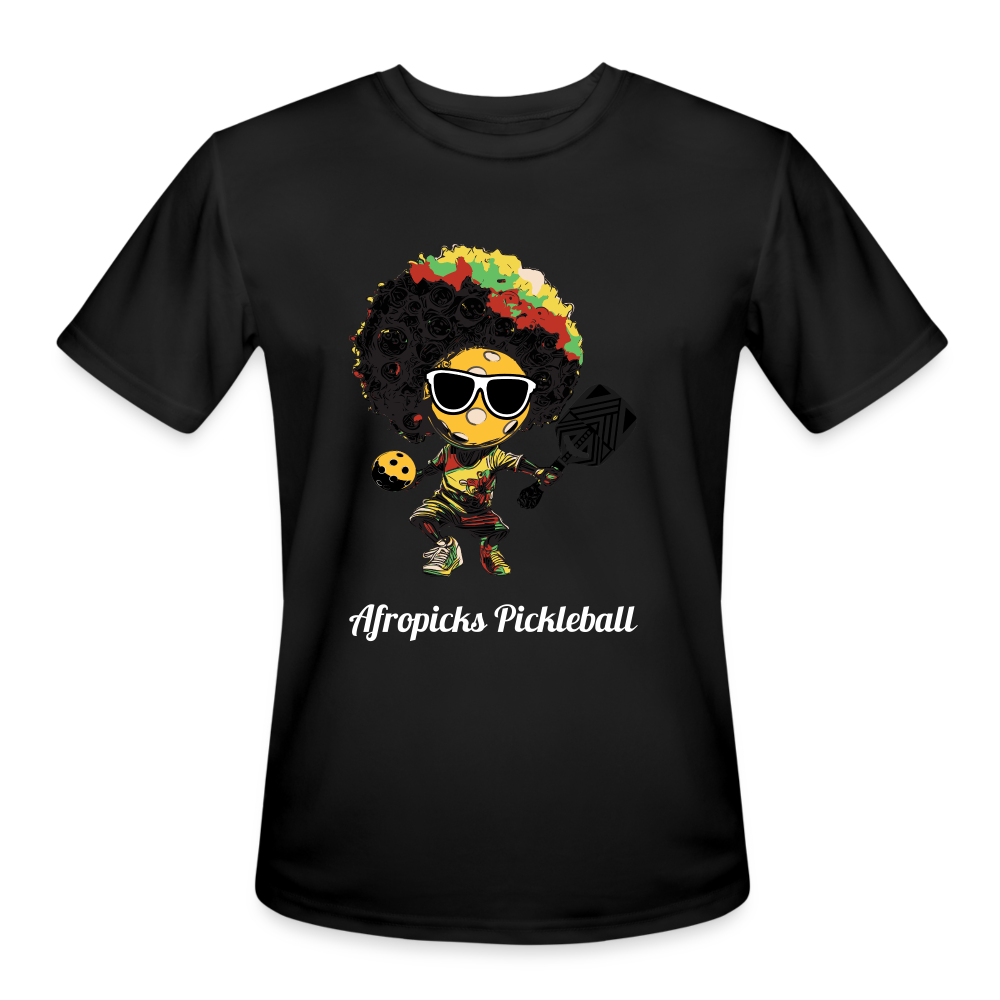 Afropicks Pickleball Character on Men’s Moisture Wicking Performance Black T-Shirt - black