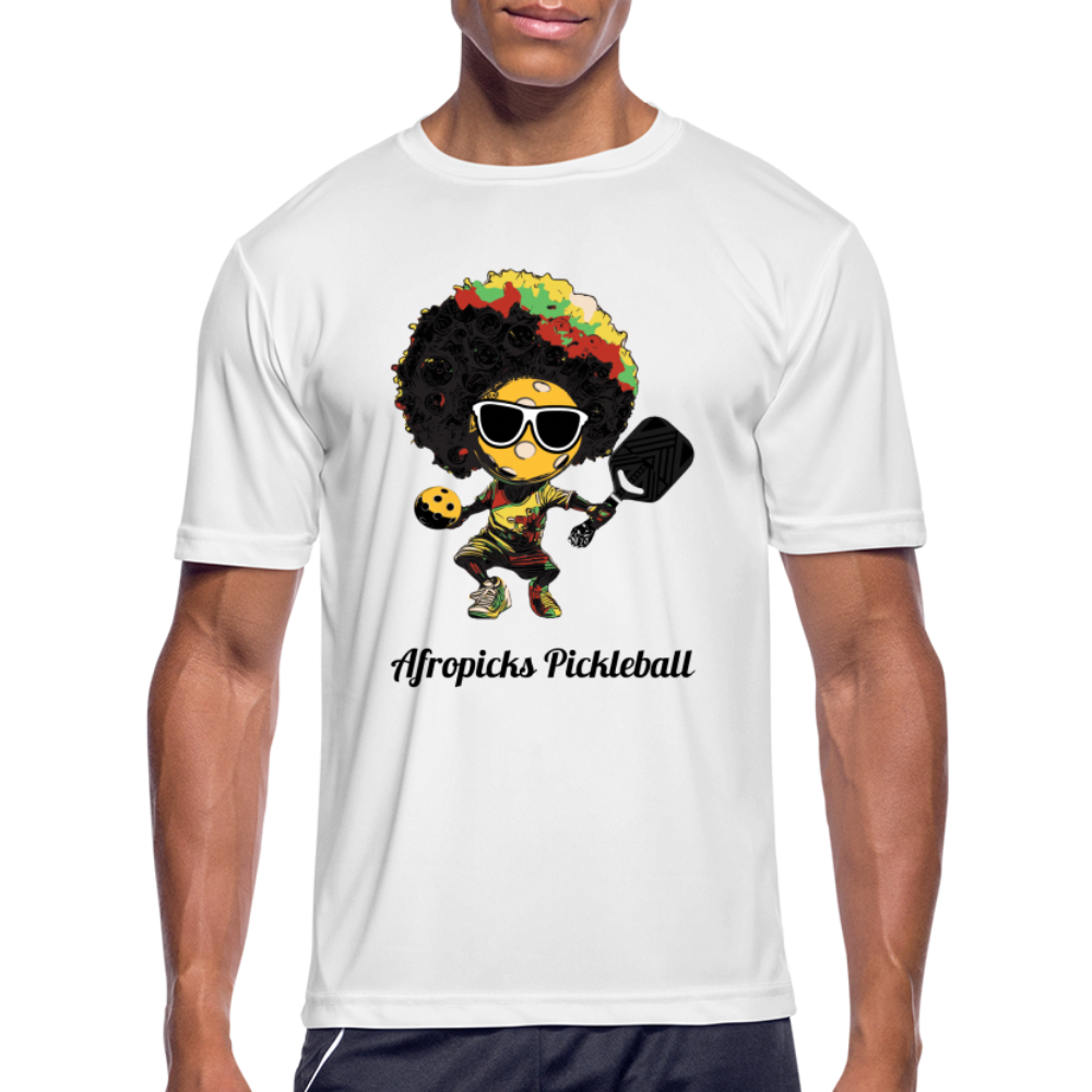 Afropicks Pickleball Character on Men’s Moisture Wicking Performance White T-Shirt - white